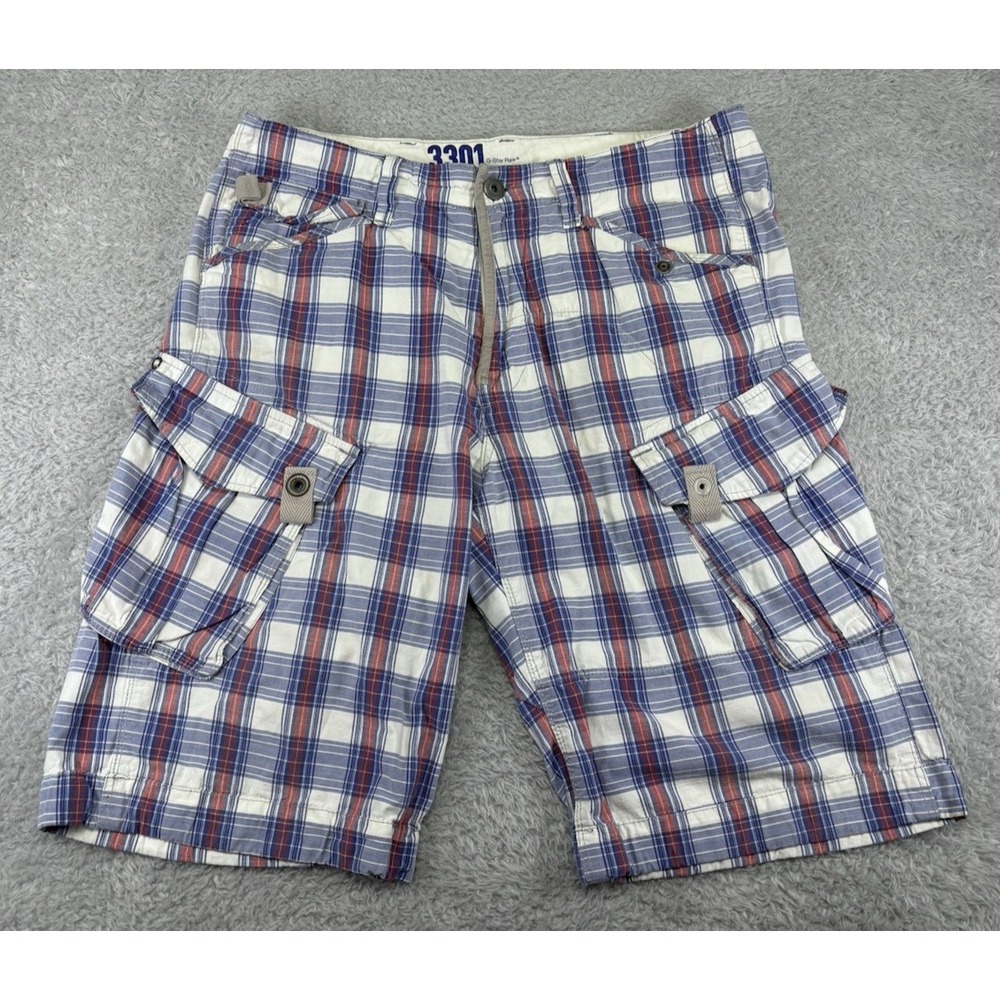 G-Star RAW Mens 33 Rovic Zip Relaxed Cargo Shorts Blue Plaid 34 Waist 12 Inseam